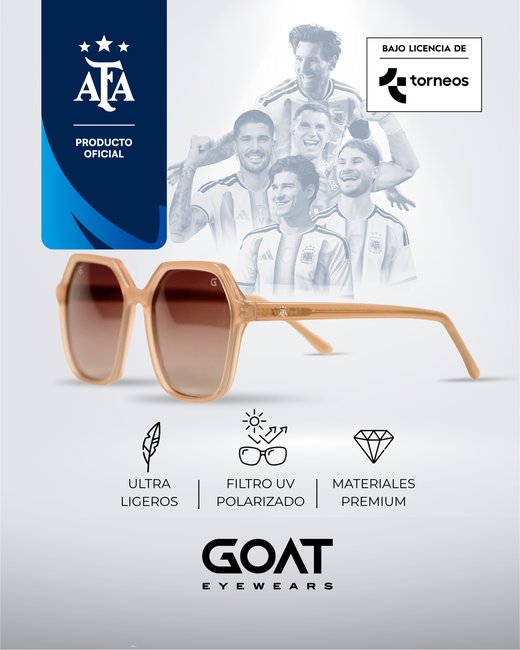 Pieza de GOAT AFA Producto Oficial: gafas GOAT junto a jugadores de la Selección argentina, con el sello AFA Producto Oficial bajo licencia de Torneos